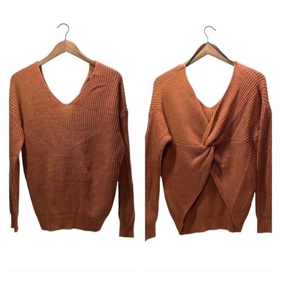 Love Tree V-Neck Knit Sweater With Rear Knot - Rust Orange, Acrylic, Size Medium - Picture 1 of 6